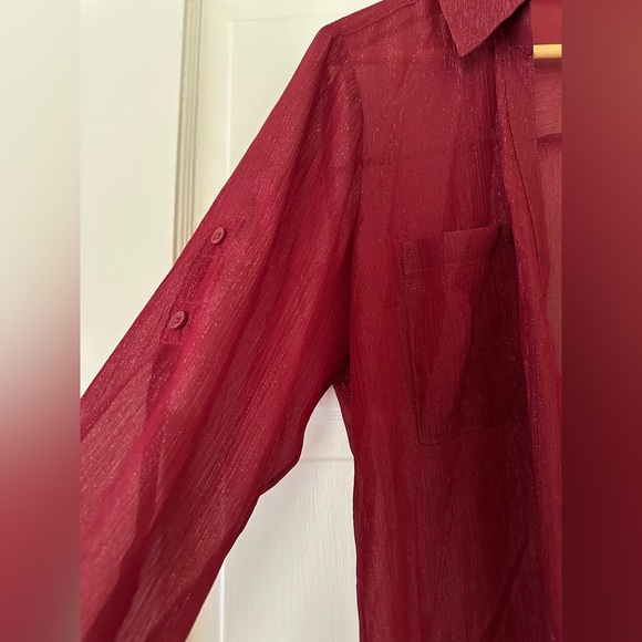 Express Burgundy Sheer Button-Up Blouse - Picture 5 of 6